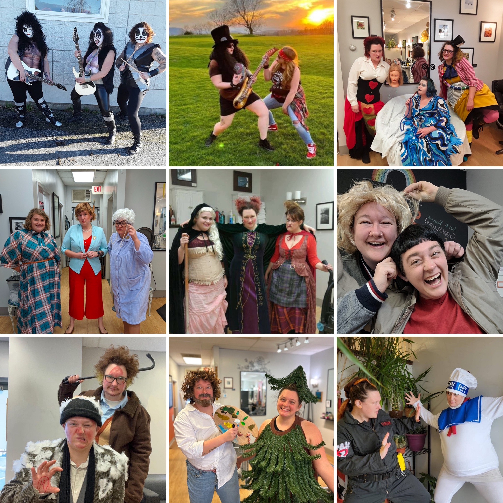 A collage photo of group halloween costumes we did