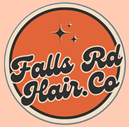 Falls Rd Hair.Co Logo, round with orange background and large bubble letters